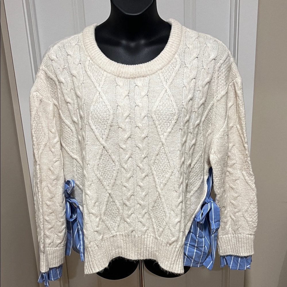 Anthropologie Cream Cable Knit Sweater with Blue Plaid Accents